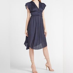 Express Navy Satin Short Sleeve Pleated